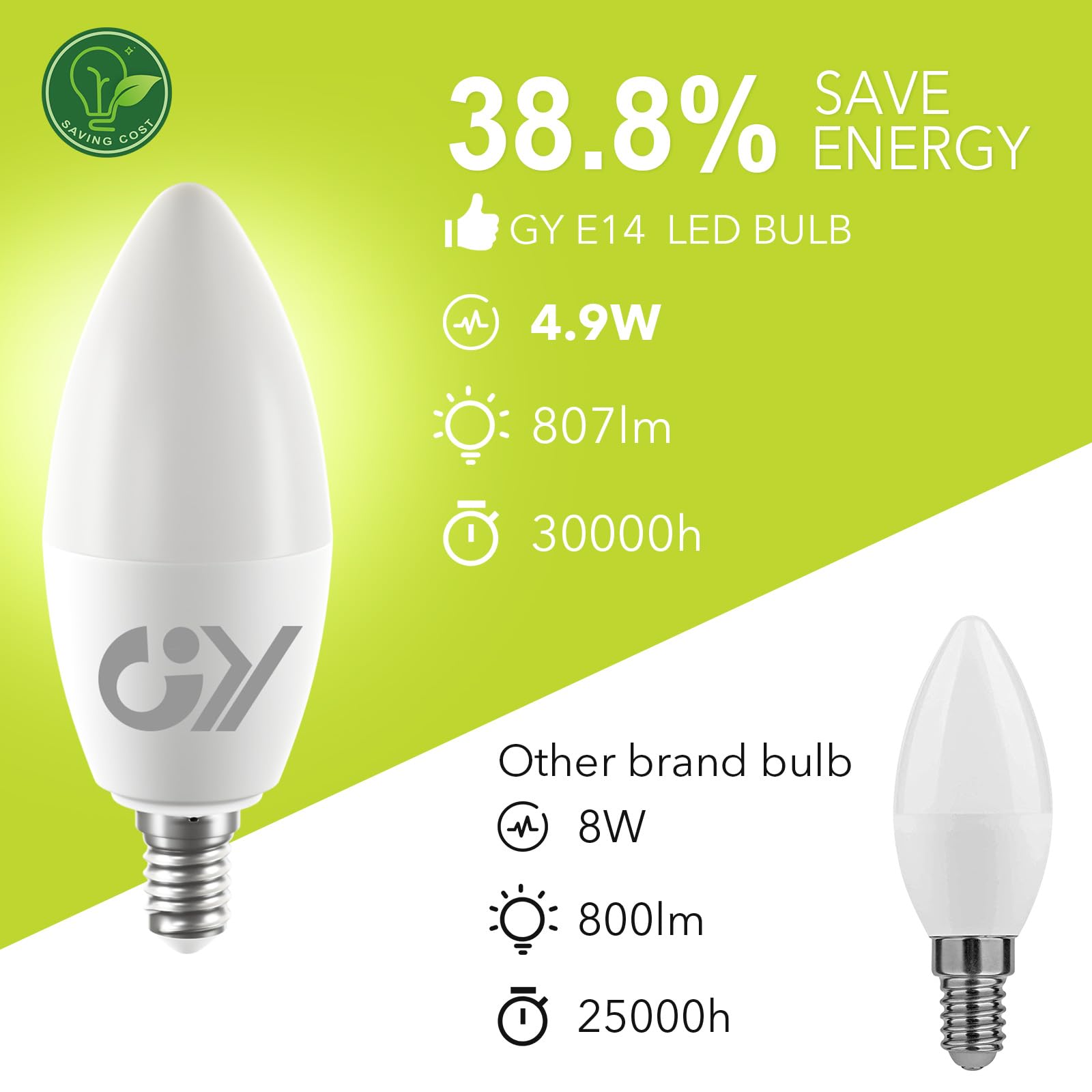 GY Lampadine LED E14, 4.9W (equivalenti a 60W), 807 Lumen, 3000K Bianco Caldo, Risparmio Energetico E14 LED, Lunga Durata, Basso Consumo,Non Dimmerabile, 6 pezzi