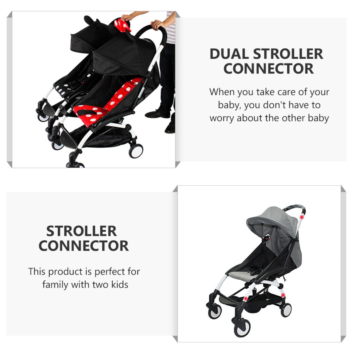 3 Conectores Ajustables de Hierro y Plástico para Cochecito Gemelar Negro