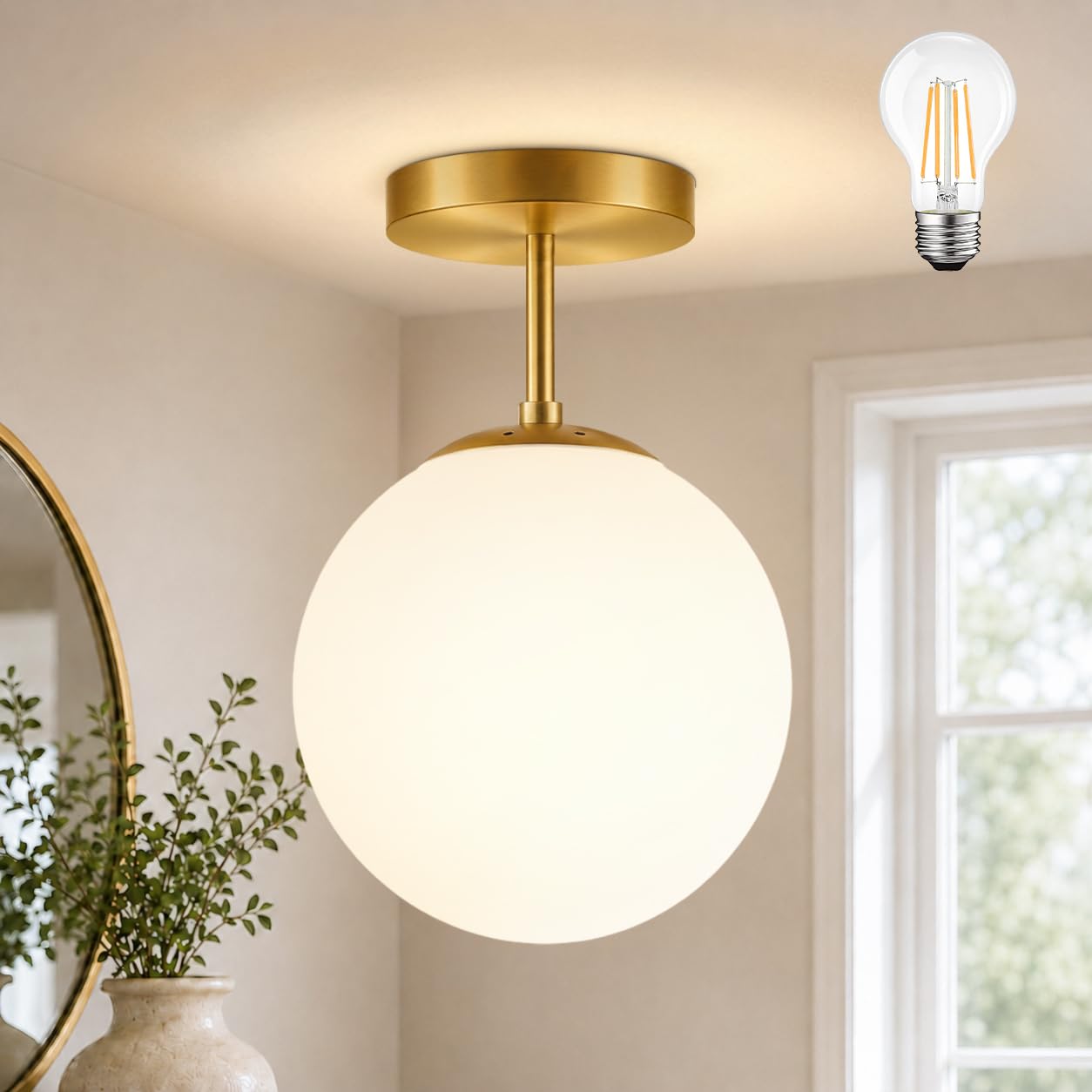 Photo 1 of Globe Semi Flush Mount Ceiling Light Fixture Globe Ceiling Light Milk Glass Matte Gold Finish Contemporary Mid Century Modern Lighting for Hallway Living Room Kitchen Bedroom Storage(Bulb Included)