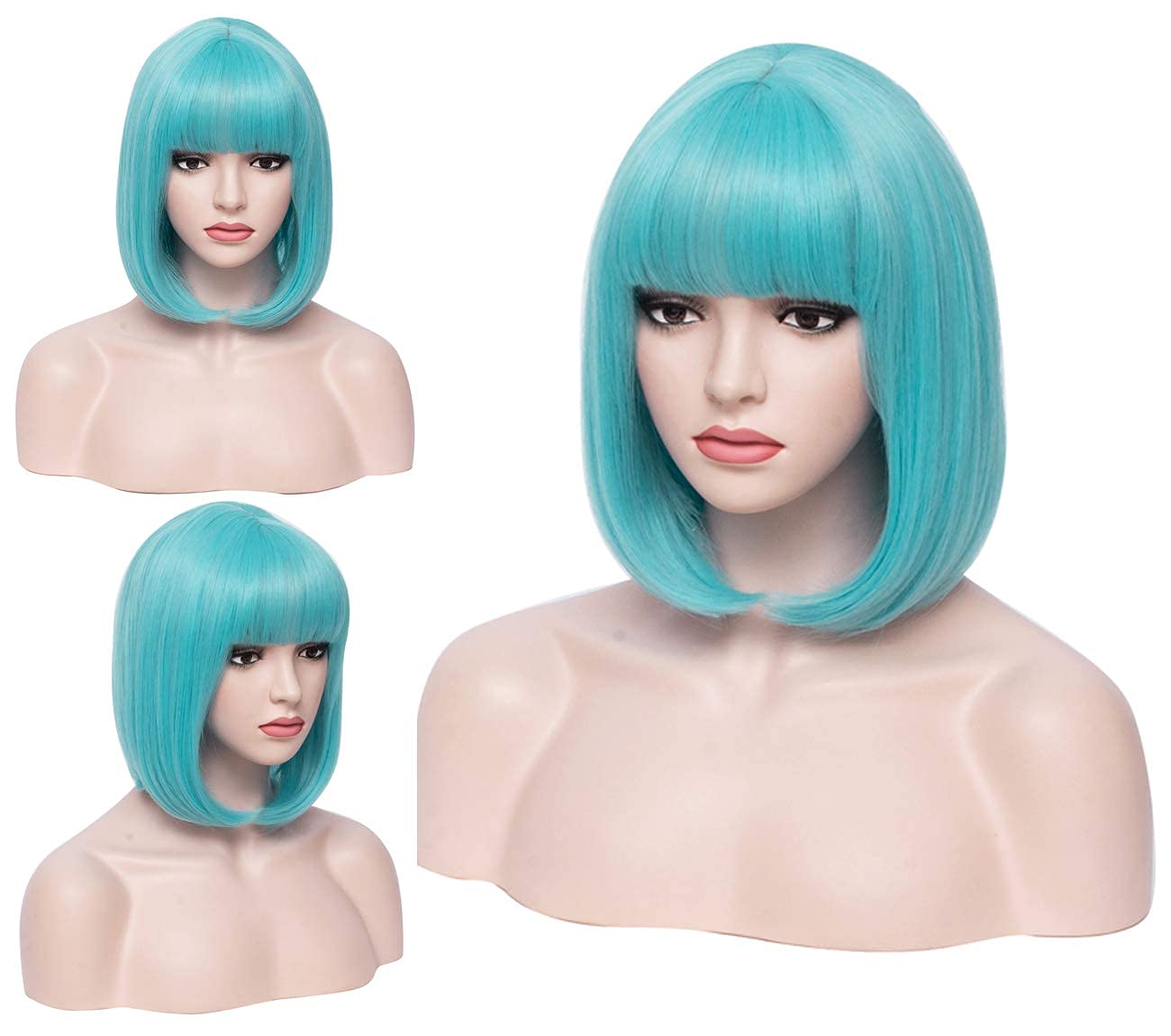 BERON 12 Inches Blue Bob Wig Short Straight Light Blue Wig with Bangs Teal Blue Wig for Women Halloween Cosplay or Daily Use Wigs (Light Blue) - Image 2
