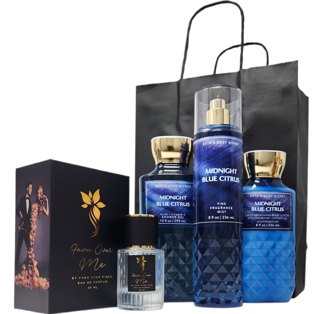 Fawn Over Finds Bath and Body Gift Set Includes Body Lotion, Shower Gel, Fine Fragrance Mist, Fawn Over Me Perfume and Gift Bag (Midnight Blue Citrus)