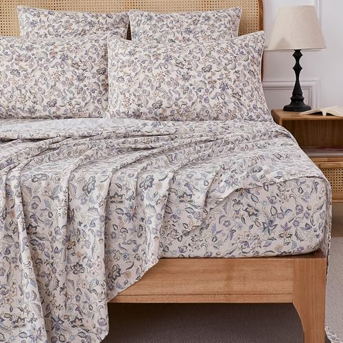 Image of FADFAY Double Gauze Cotton Queen Sheet Set - Breathable Cooling Muslin Bed Sheets, Vintage Paisley Floral Bedding Set, Soft Lightweight Summer Sheets with Fitted Sheet, Flat Sheet & Pillowcases