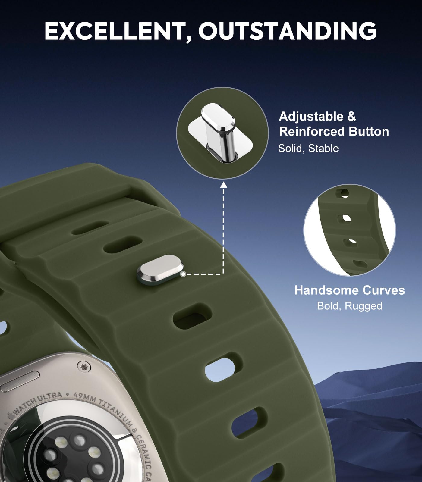 MoKo Ocean Band Compatible with Apple Watch Ultra 3/2/1 49mm,S11/S10 46mm,9/8/7 45mm,SE3/SE2/SE/6/5/4 44mm,3/2/1 42mm,Silicone Replacement Strap Wrist Band for Men Women Army Green - Image 3