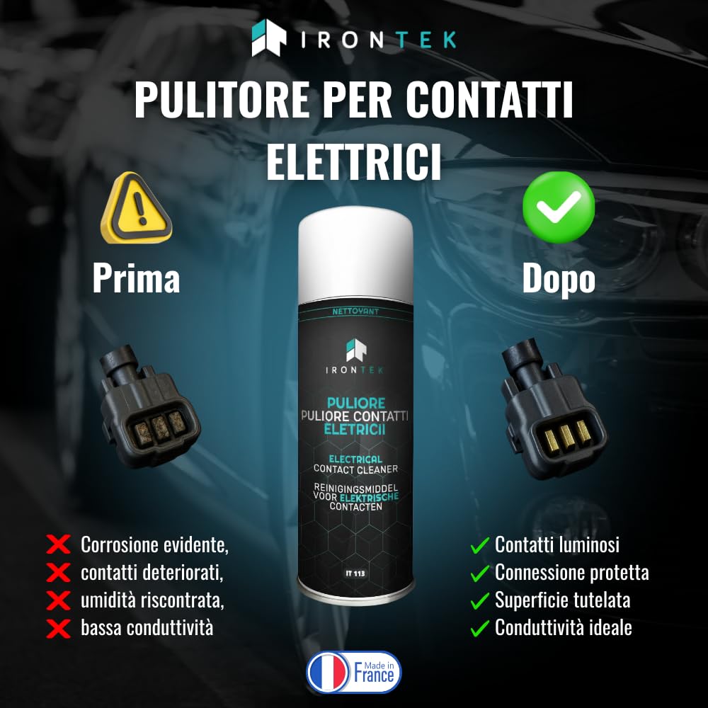 Spray Pulitore Contatti Elettrici - IRONTEK - 400ml | IT113 | Elimina Corrosione e umidità | Film Protettivo | Migliora Conduttività