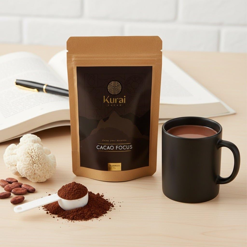 Kurai Cacao Focus | Ceremonial Cacao Blend with Lion’s Mane, Maca, L-Theanine, Cinnamon, Vanilla & Coconut Milk | For Mental Clarity, Focus and Cognitive Support (16 oz)