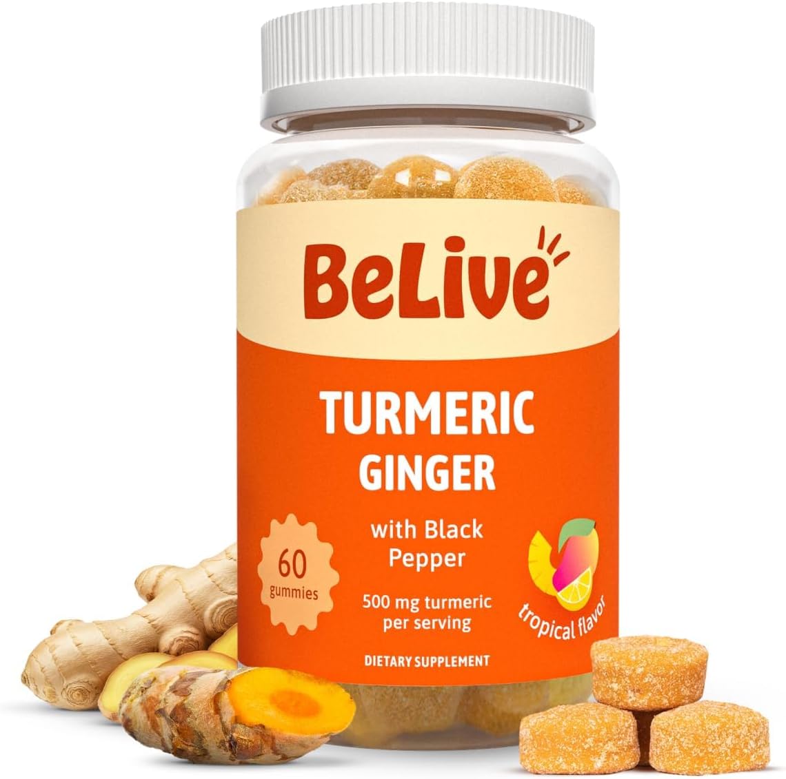 BeLive Turmeric and Ginger Gummies - 500mg - Joint and Mobility Support Supplement - Curcumin with Black Pepper for Enhanced Absorption - Gluten Free and Vegan - Tropical Flavor - 60 Count