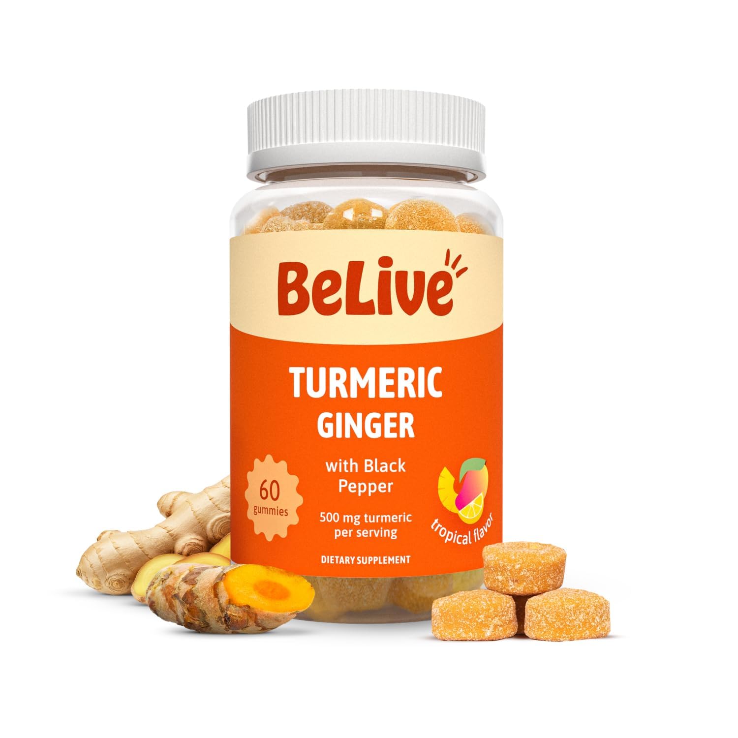BeLive Turmeric Curcumin with Black Pepper & Ginger - 500 mg of Turmeric and Ginger Supplement for Immune Support, Healthy Skin, and Mobility - Tropical Flavor | 60 Count