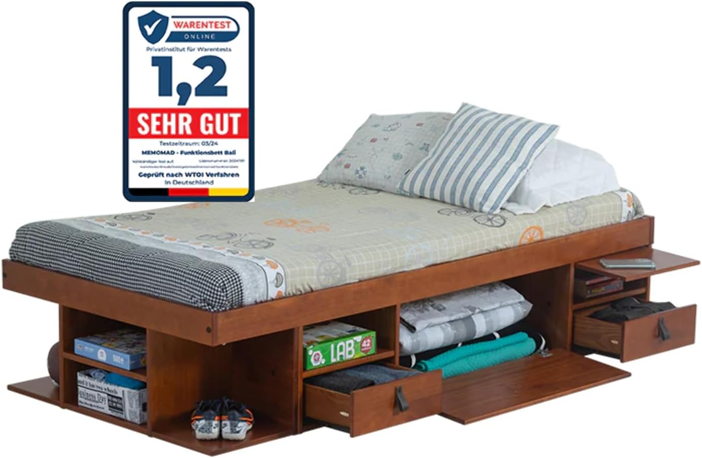 Functional Bed BALI - Stable bed with lots of storage and drawers, ideal for small bedrooms - Solid pine bed - Price incl. slatted bed base (Single 90x190cm, Color Maple)