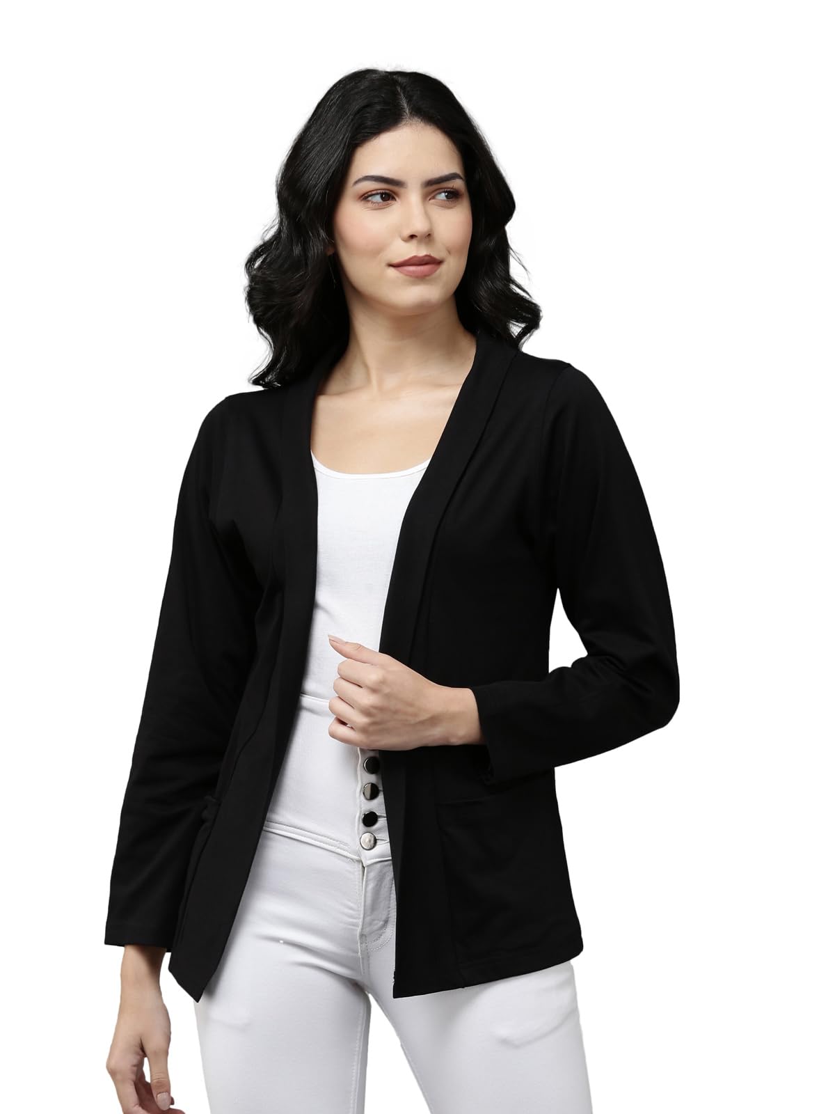 kryptic Women Black Solid Long Sleeve Open Front Shrug(Black;M)-picture-47