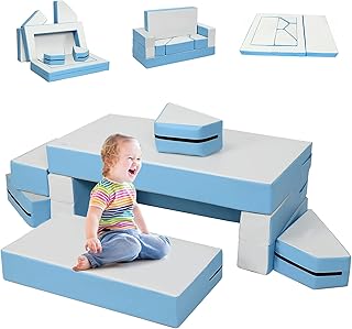 KOTEK 4 in 1 Convertible Climb and Crawl Foam Play Set, 8-Piece Baby Soft Play Foam Blocks to Climbing, Crawling, Sliding, Indoor Activity Playset for Toddlers Infants Kids Preschoolers (Blue+Grey)