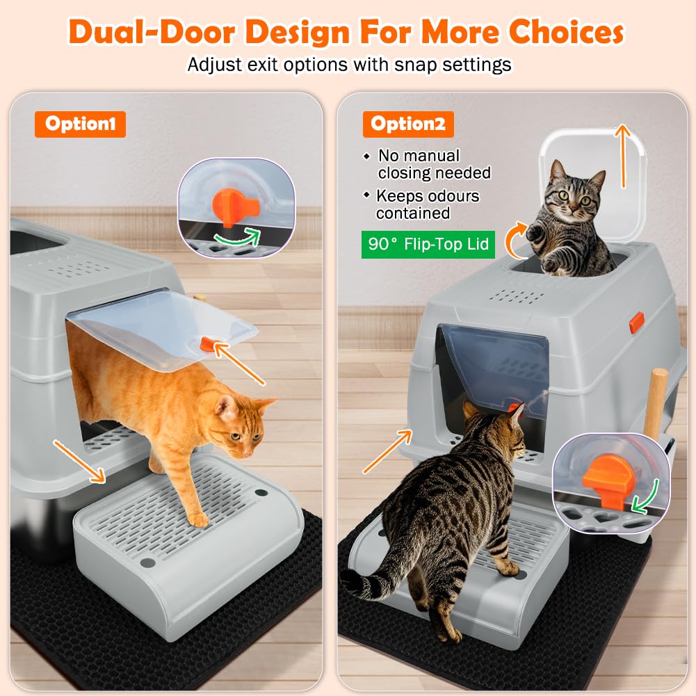 SZEE XL Stainless Steel Litter Box, Top Exit Design, Non Stick, No Smell, Easy Cleaning, Activated Charcoal Odor Control Design, Half/Fully Enclosed Design, Footboard, Trapping Mat & Scoop Included
