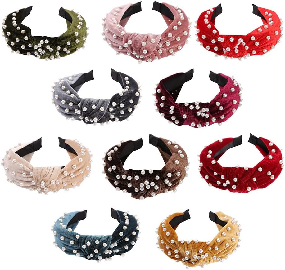 10PCS Womens Headbands Knotted Head Bands Pearl Hairband for Women Girls Wide Top Knot Turban Hair Bands Hair Hoops