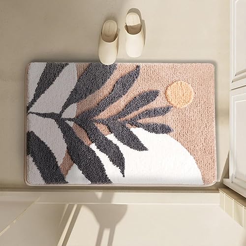 Miniatura 2 de Tapete de baño bohemio con diseño de plantas de arte abstracto, color marrón, lavable, antideslizante, esponjoso, absorbente de agua, de microfibra,