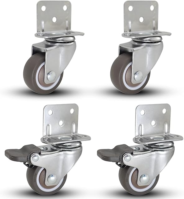Casoter 1.25"(32mm) L-Shaped Plate Swivel Caster Combo Set - 2 Swivel & 2 w/Brake, TPE Rubber Wheel Metal Housing Caster L-Clip Side Mount Plate for Furniture, 4 Pack Total Load Capacity 113Lbs/52Kg