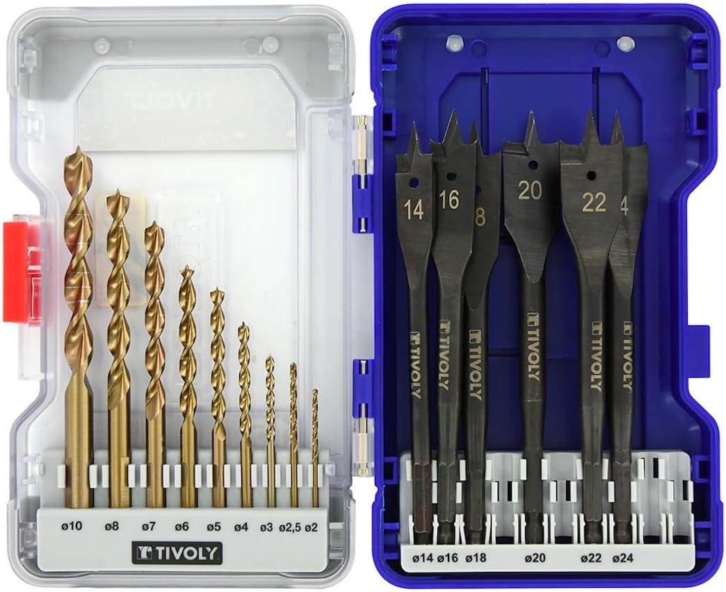 TIVOLY - Drills + Wood Bit Set - for Hardwood Drilling - 15 Piece Kit : 9 HSS SpeedPoint Drills Ø 5/64" to 25/64" + 6 Flat Bits Ø 9/16" to 15/15"