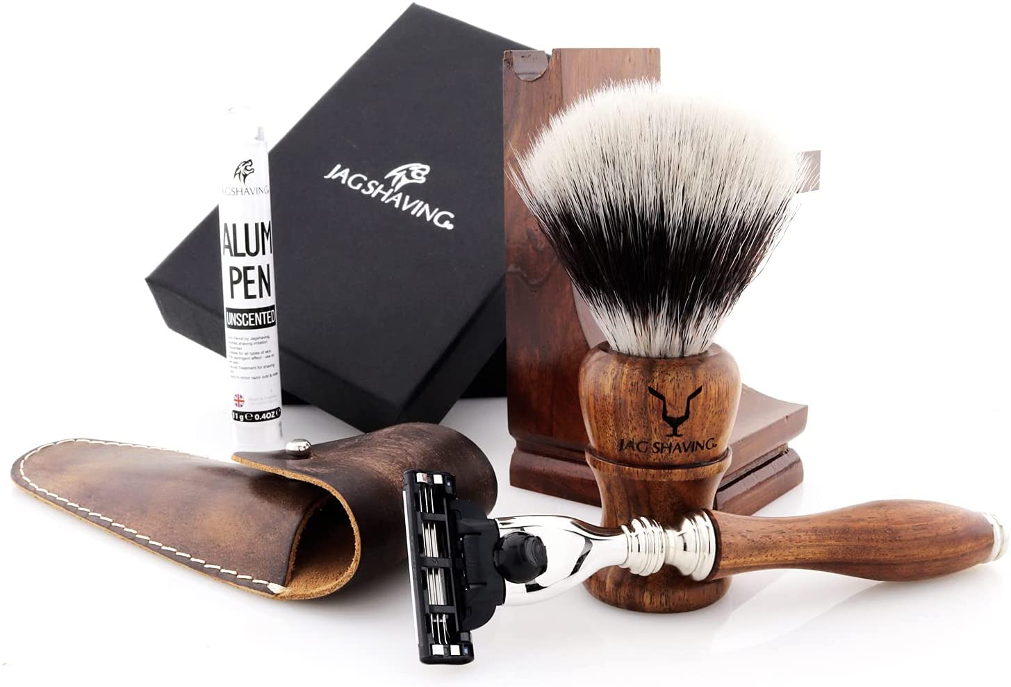 Jag Shaving Zestaw do golenia – zrównoważony 4-częściowy zestaw do golenia z drewna – syntetyczny pędzel do golenia ze srebrnymi włosami – 3 ostrza do golenia – stojak do golenia – skórzany pokrowiec