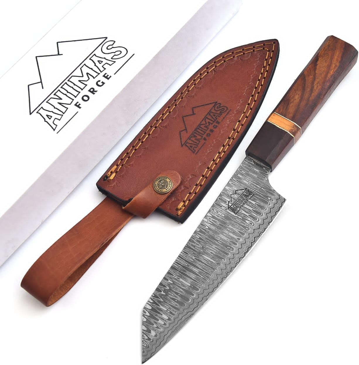 Damascus Chef Knife 7 Inch Blade Lightweight 7 oz Kitchen Utility Knife Layered High Carbon Damascus Steel Cooking Prep Knife with Leather Sheath Hand Forged Style Gift Requires Care