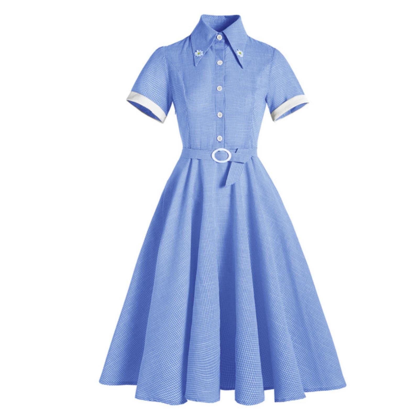 Vestido de verano Vestido de cuadros Estampado Azul Amarillo Vintage 40S 50S Retro Swing Pinup Mujeres