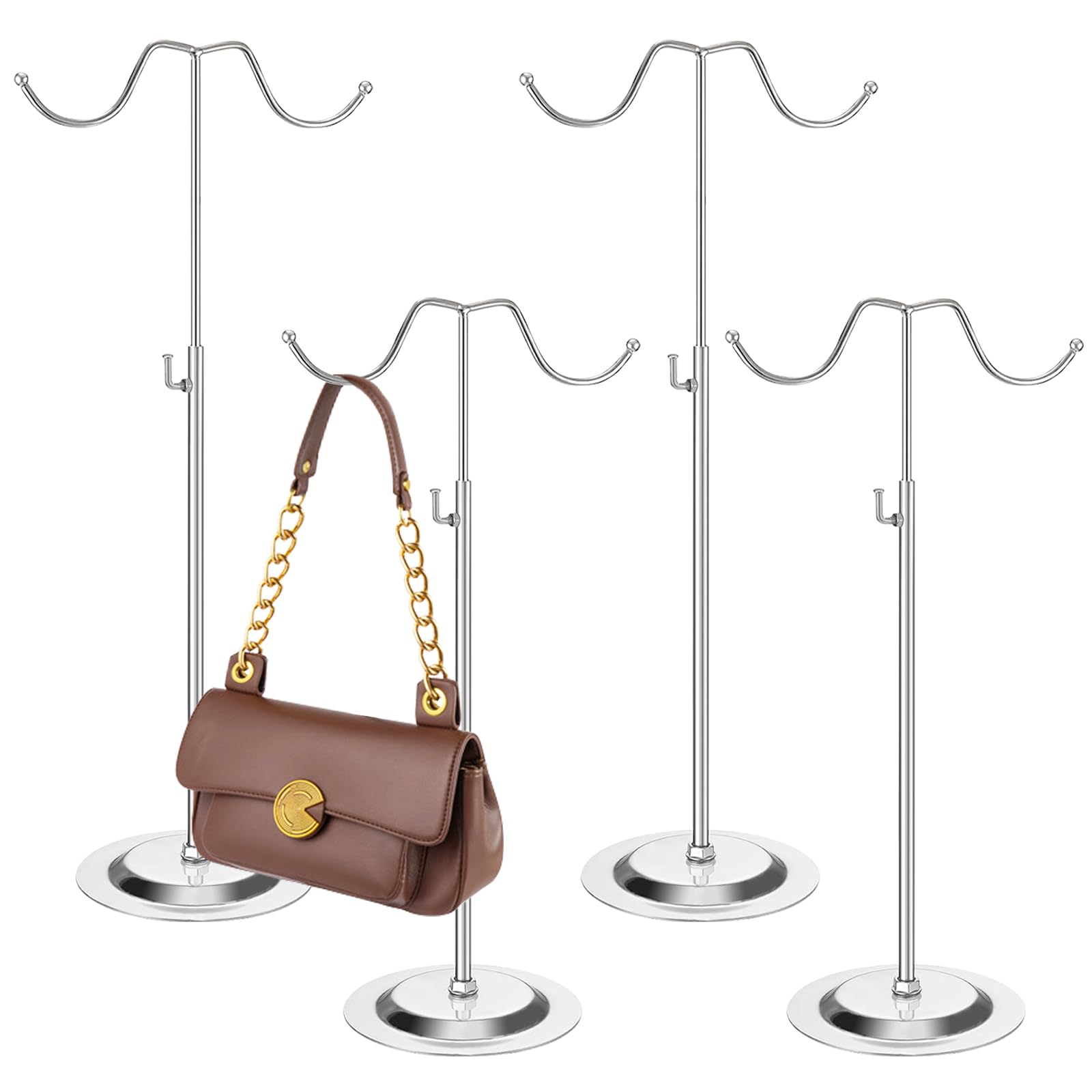 4 Pcs Purse Display Stand, Adjustable Height Purse Stands for Display, Double Hook Handbag Display Stands, Stainless Steel Purse Holder for Wig Hat Home Boutique Store