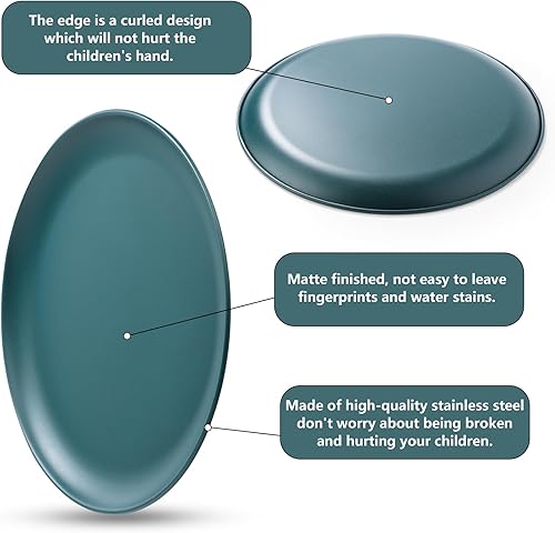 Miniatura 4 de 4 platos llanos de acero inoxidable de 9 pulgadas, platos de metal para cocina, interiores y exteriores, platos de campamento, picnic (verde)