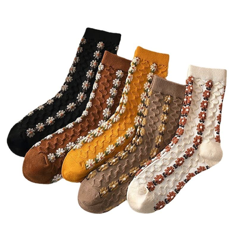 Tooe 5 Pairs Floral Socks Y2K Vintage Embroidered Patterned Crew Cotton Socks Ankle Ruffled Warm Knit Dress Socks