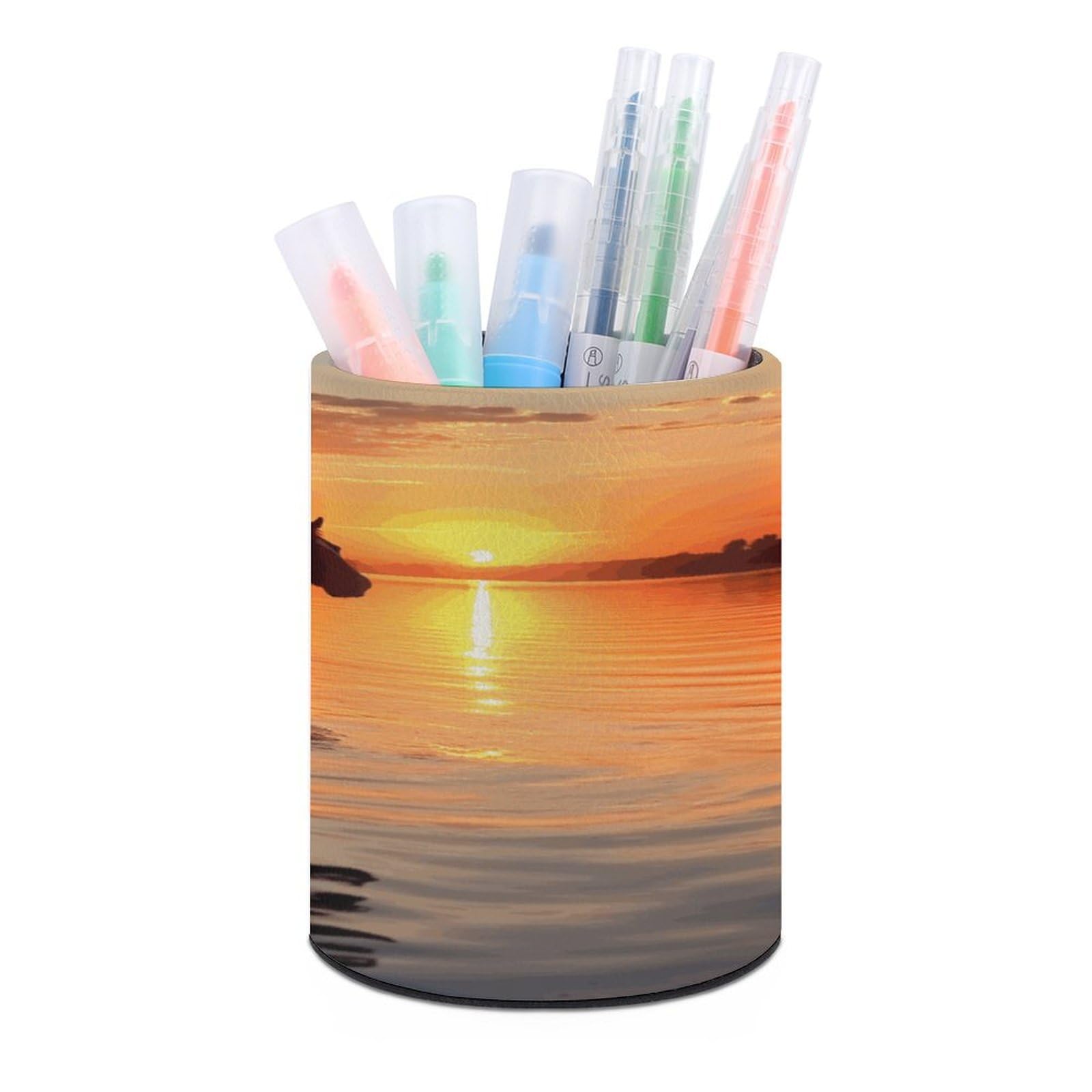 JTREHY Sunsets Lake Horses Round Makeup Pen Holder for Pencils, PU Leather Coasters, Stationery Organizer, Office Accessories, Container Box