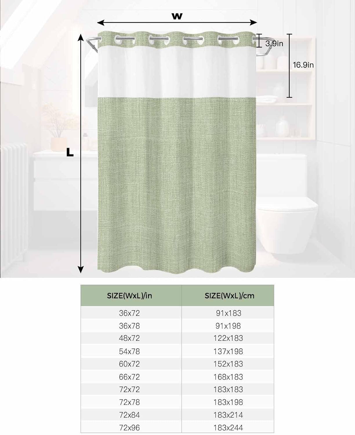 No Hook Shower Curtain and Snap in Liner Set, Vintage Grass Green Fabric Bathroom Shower Curtains 60x72 Inch, See Through Mesh Top Window, Farmhouse Retro Beige Solid Color Hotel Style, Waterproof