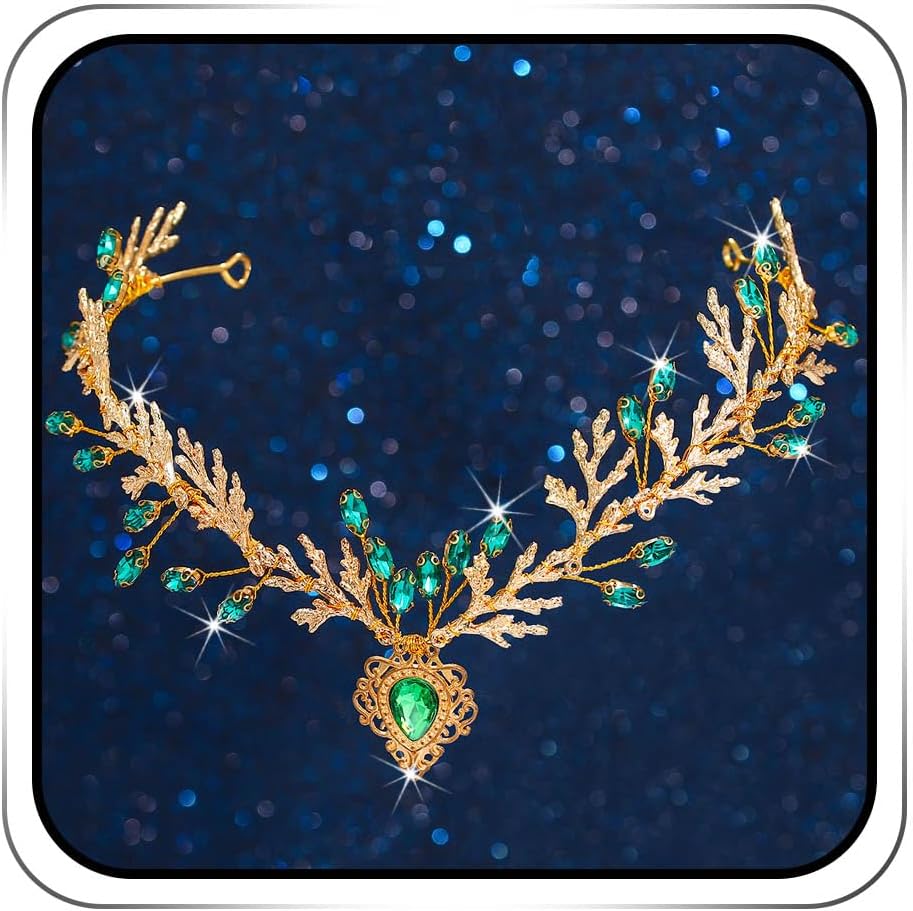 Rhinestone Fairy Headband Crown Gold Leaf Elf Headpiece Crystal Woodland Enchanted Hairband Tiara Queen Costume Party Hair Accessories for Women