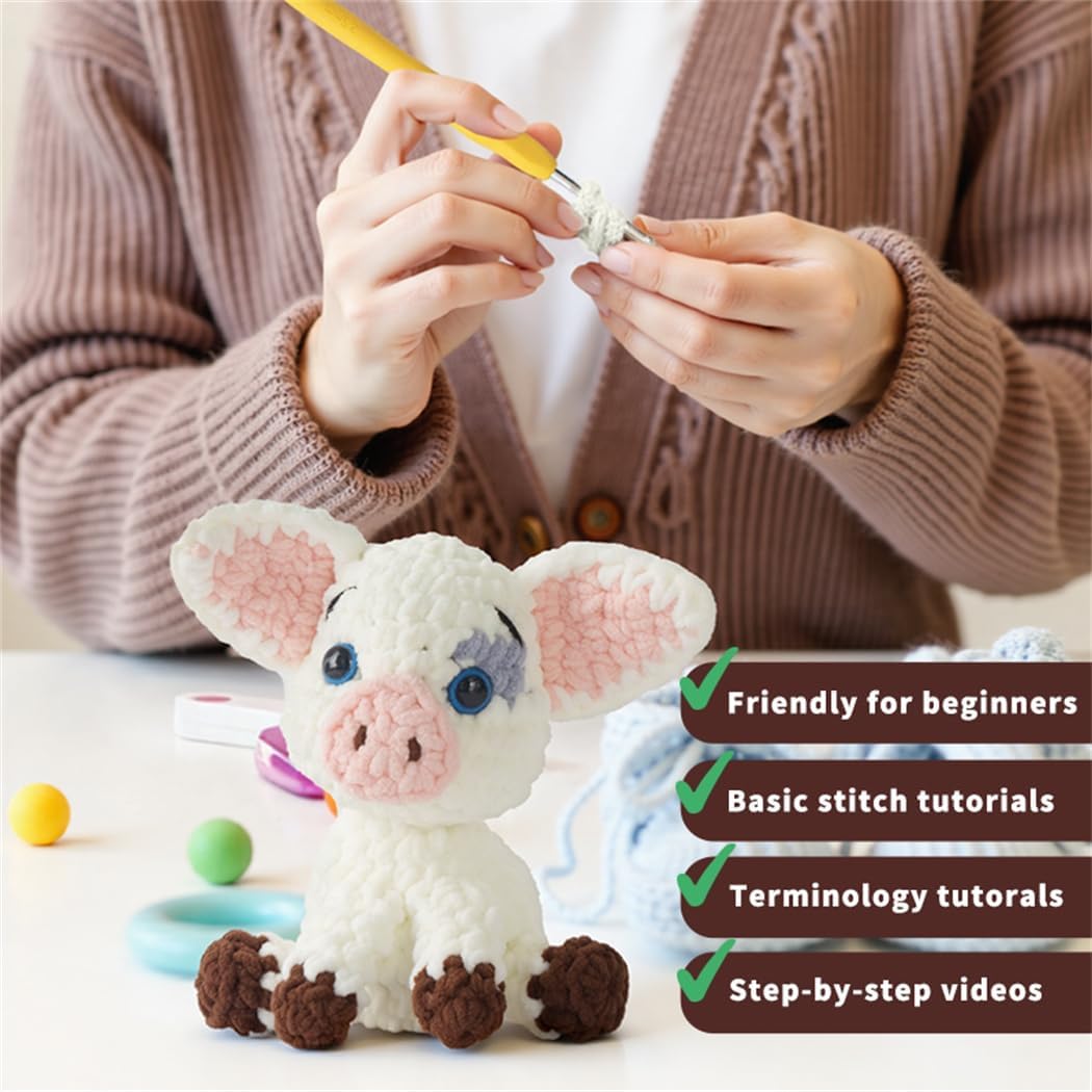 Linhao Jew Crochet Kit for Beginners – Knitting Kits Cute Animal Kitten Keychain with Pre-Started Easy Yarn, Step-by-Step Video Tutorials for Adults & Kids DIY Crafts (Pig)
