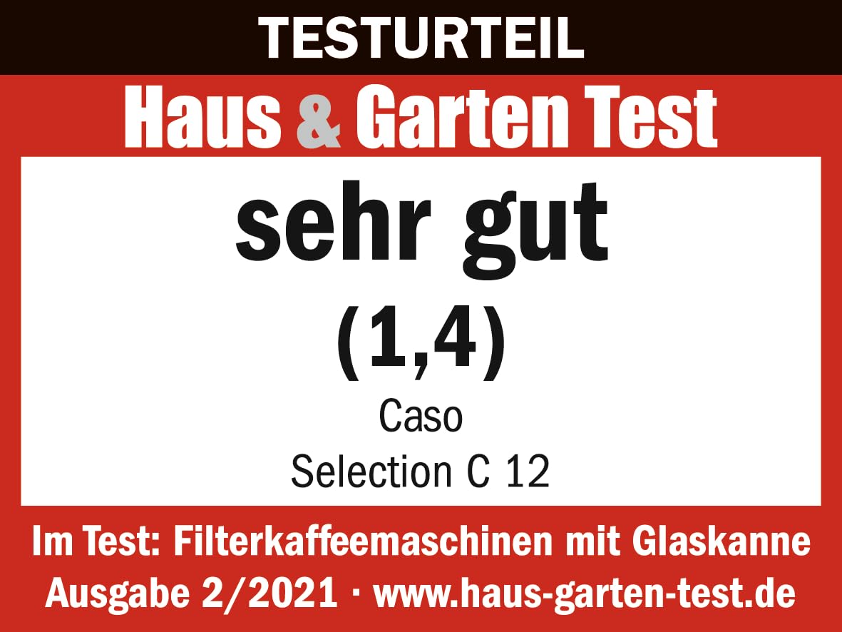 CASO Selection C 12 - Cafetera de goteo con función mantener caliente, Capacidad de 1,5L para 12 tazas, 900W de Potencia, temporizador, Pantalla táctil, incluye jarra de café de vidrio