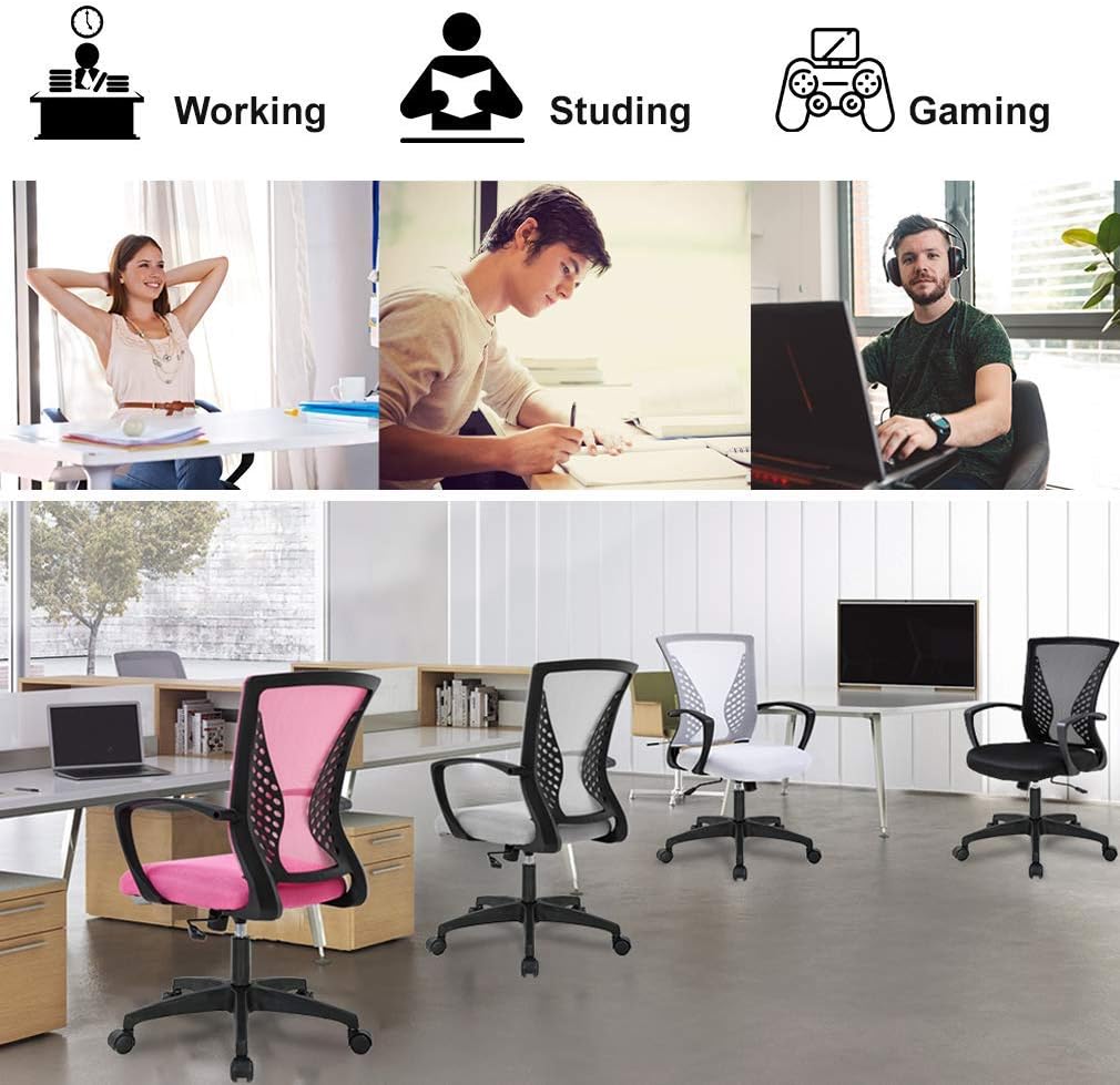 HHS Ergonomic Mesh Computer Desk Chair - Swivel Rolling Executive Chair with Lumbar Support, Adjustable for Adults, White, Orange