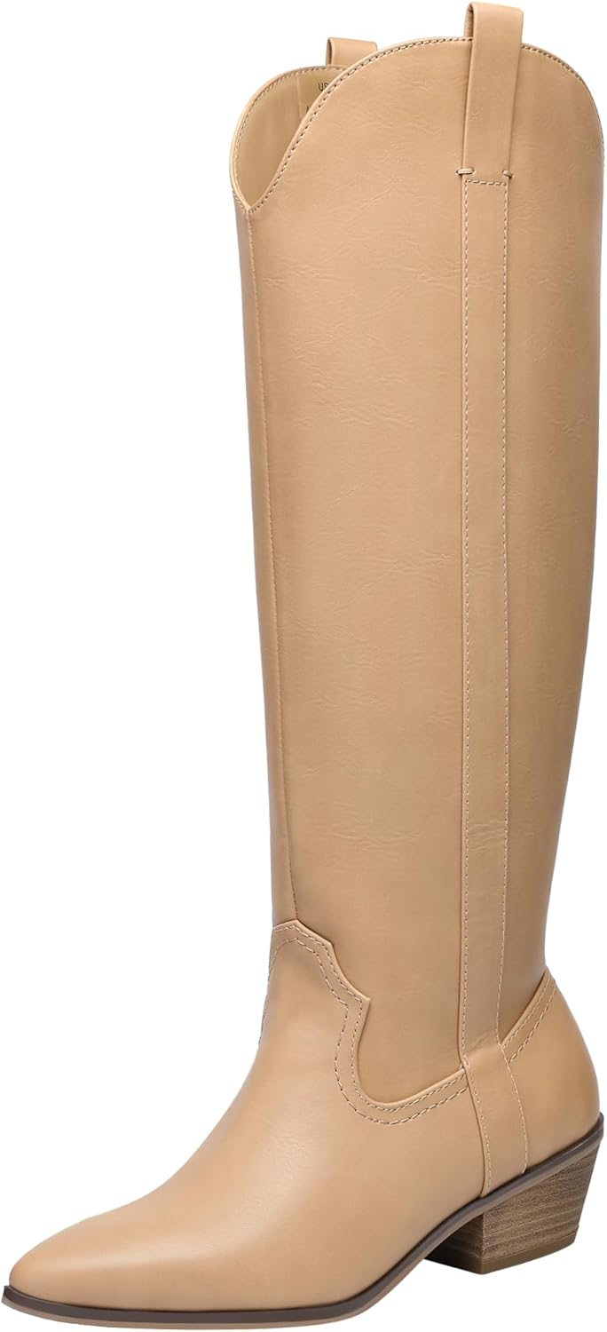 festooning Women's Knee High Boots Pointed Toe Inner Zipper Western Cowboy Boots Pull On Chunky Heel Wide Calf Tall Boots for Ladies 6.5 Beige