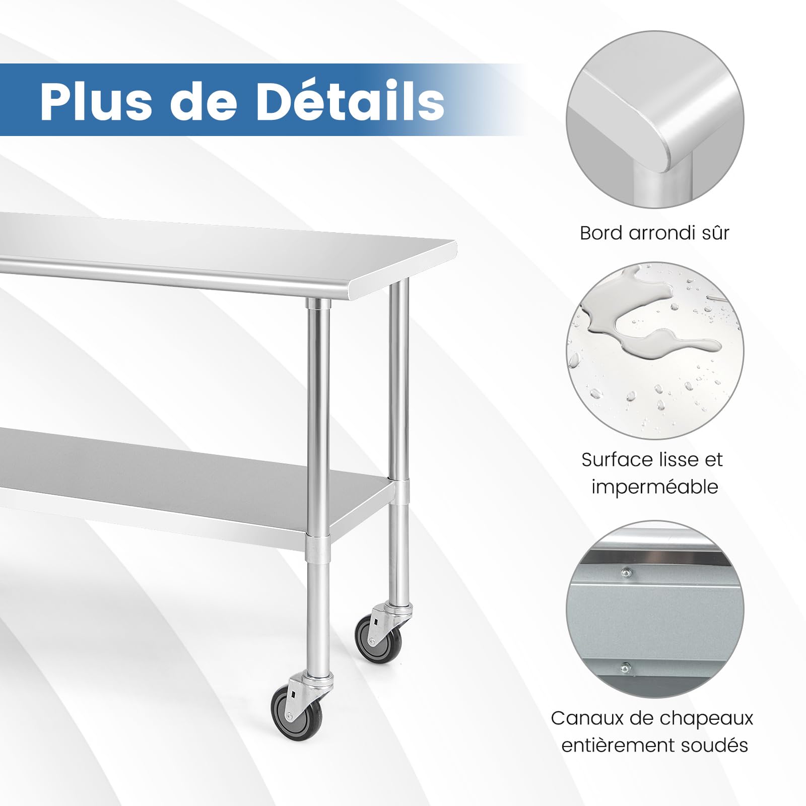 COSTWAY Table de Travail Cuisine 61 x 122 cm, en Acier Inoxydable à 2 Niveaux 2 Roues Verrouillables, Plateau Inférieure Réglable, Charge 250 kg, Extérieur/Intérieur pour Cuisine, Restaurant, Jardin