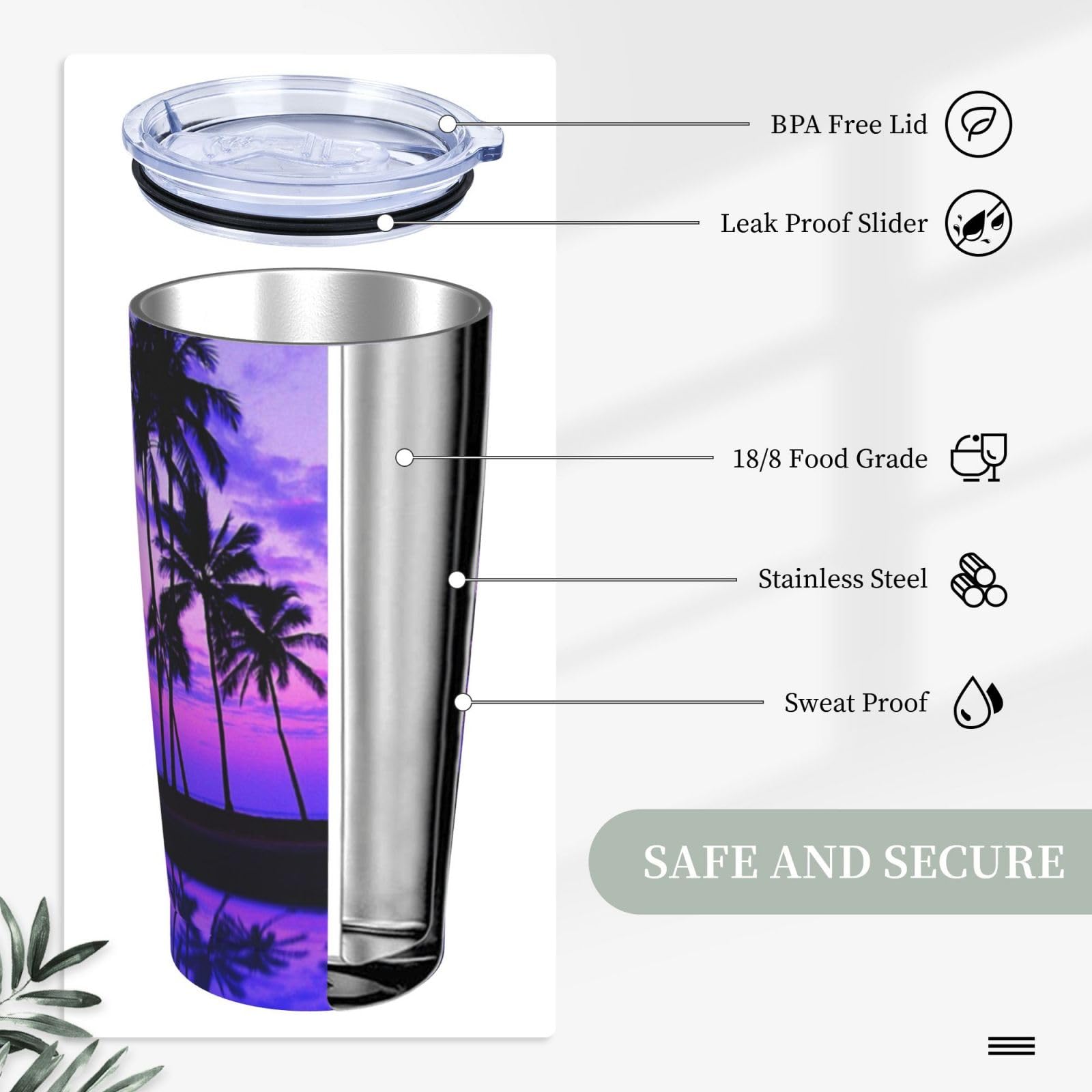 Tazza termica portatile con stampa tramonto viola con palma in acciaio inox
