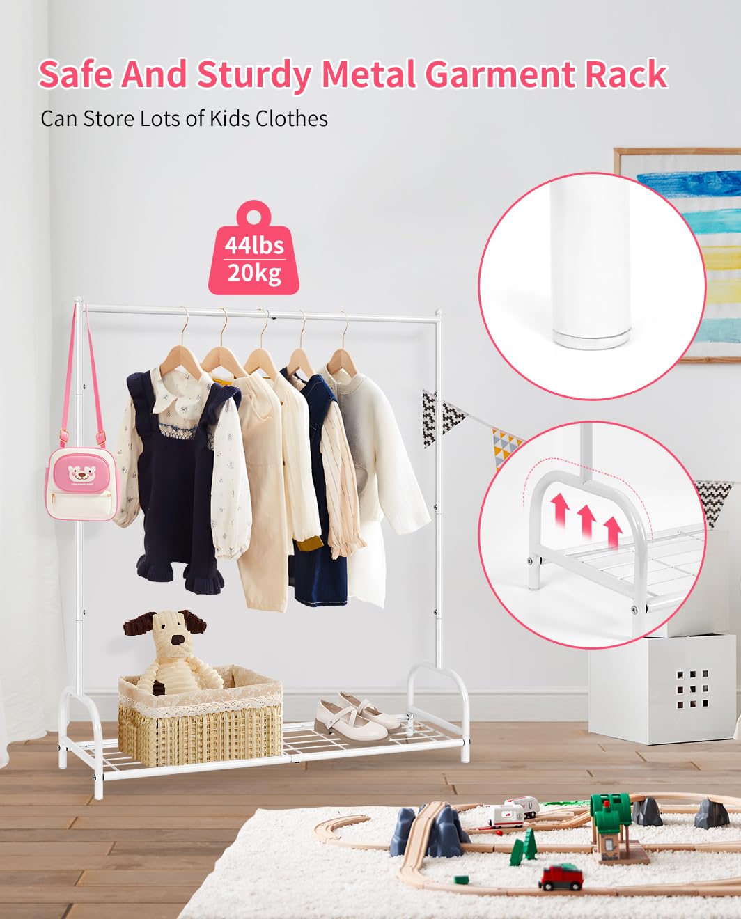 YGJT Kids Clothing Rack With Wheels & Storage Shelf - 45.3 Inch Height, White Toddler Wardrobe For Hanging Clothes, Toys, Shoes - View #8