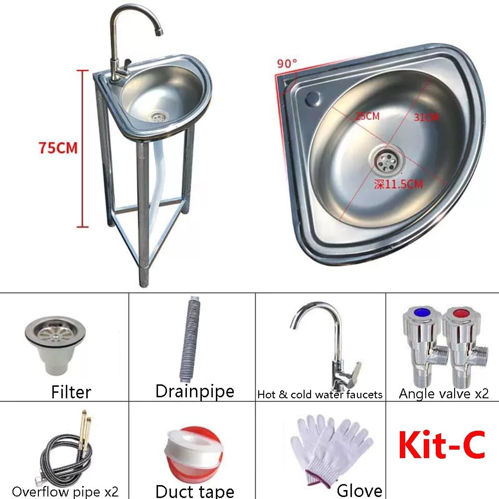 Freistehendes Waschbecken aus Edelstahl Eck-Badezimmer Waschbecken für kleinen Raum Einschalen-Spülbecken für den Hausgebrauch(Kit-C)