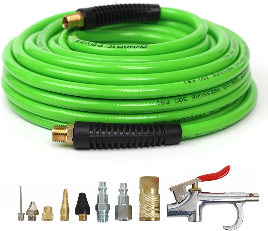 DYNAMIC POWER PU Braided Air Hose 1/4" X 50 Ft with 10 pcs Compressor Accessories KIT, 200 PSI.