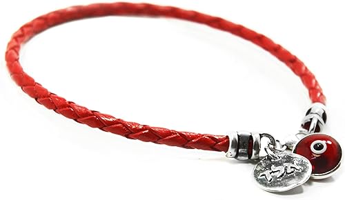 Pulsera clásica de ojo malvado rojo para mujer en cuero trenzado plata de ley y 0394in de cristal rojo mal de ojo  7 pulgadas de longitud con cierre