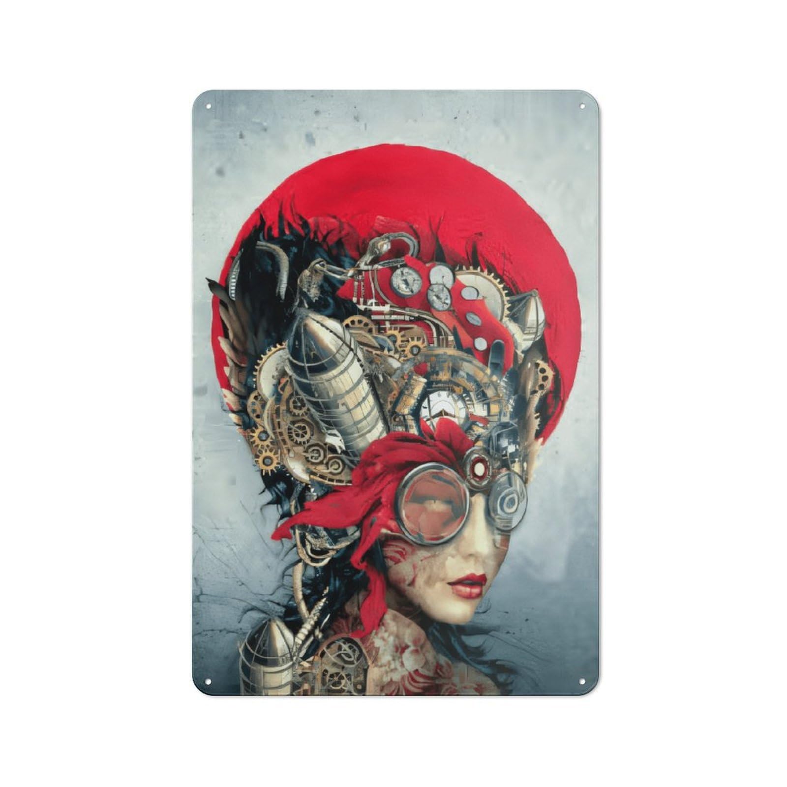 Junmoney Style Metal Plaque 30X20cm With Steampunk Woman Portrait For Garage Wall, Retro Decor, For Themed Interiors In Garages And Workshops