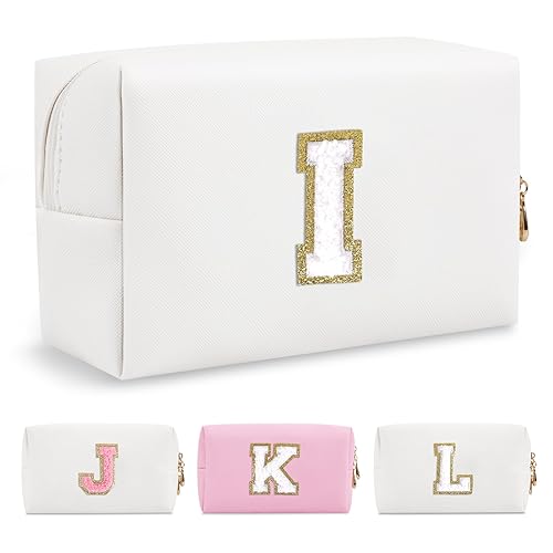 Miniatura 255 de Bolsa de maquillaje personalizada con inicial A-Z Preppy Patch, pequeña bolsa de cosméticos de PU con letra de chenilla y cierre para niñas Negro