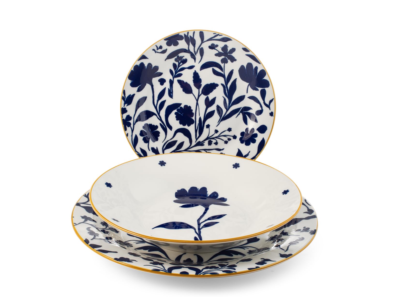 H&H Servizio Tavola Royal Petals in Porcellana Decorata 18 Pezzi – 6 Piatti Piani 27 cm, 6 Fondi 27 cm, 6 Frutta 19 cm Forma Ala – Idoneo Lavastoviglie e Microonde