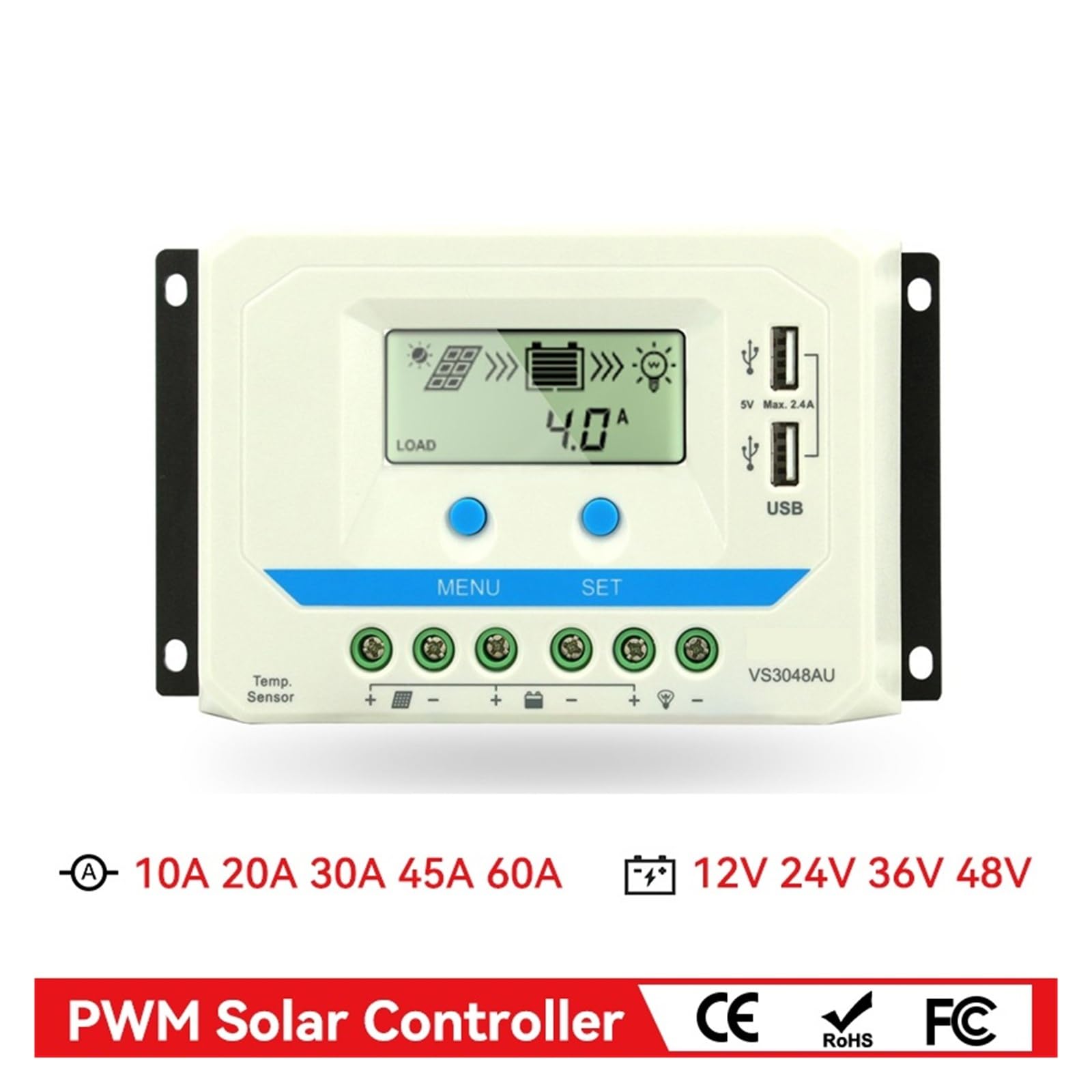 Regulator ładowania słonecznego PWM 60 A, 45 A, 30 A, 20 A, 10 A, 12 V, 24 V, 36 V, 48 V, z automatycznym panelem słonecznym i podświetlanym wyświetlaczem LCD. (60A (VS6048AU))