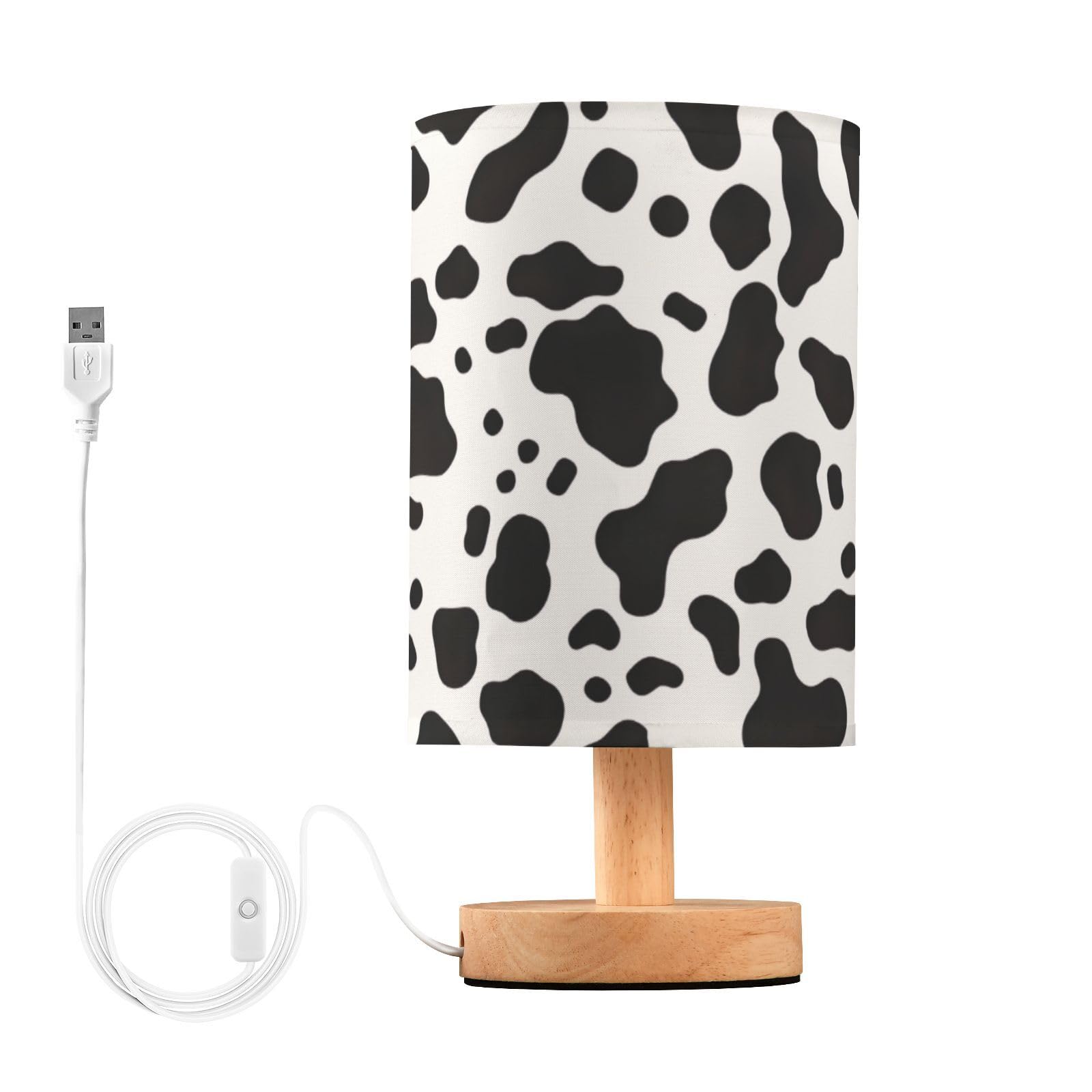 SDMKA Cow Spots Pattern Bedside Table Lamp for Bedroom, Minimalist Nightstand Lamp with Round Fabric Shade for Living Room, Office, No Bulb Required
