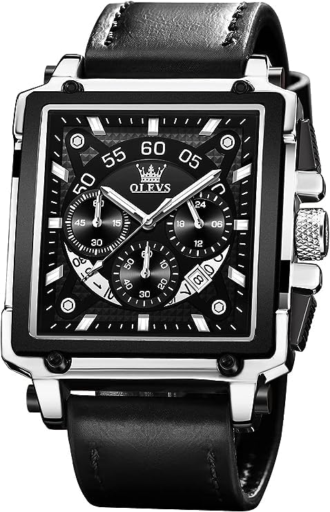 OLEVS Relojes para hombre Reino Unido Cuadrado Cuarzo Cronógrafo Cuero Moda Vestido Reloj Fecha Impermeable Luminoso Casual Negocios Relojes de Pulsera, Marco plateado con correa negra, Correa