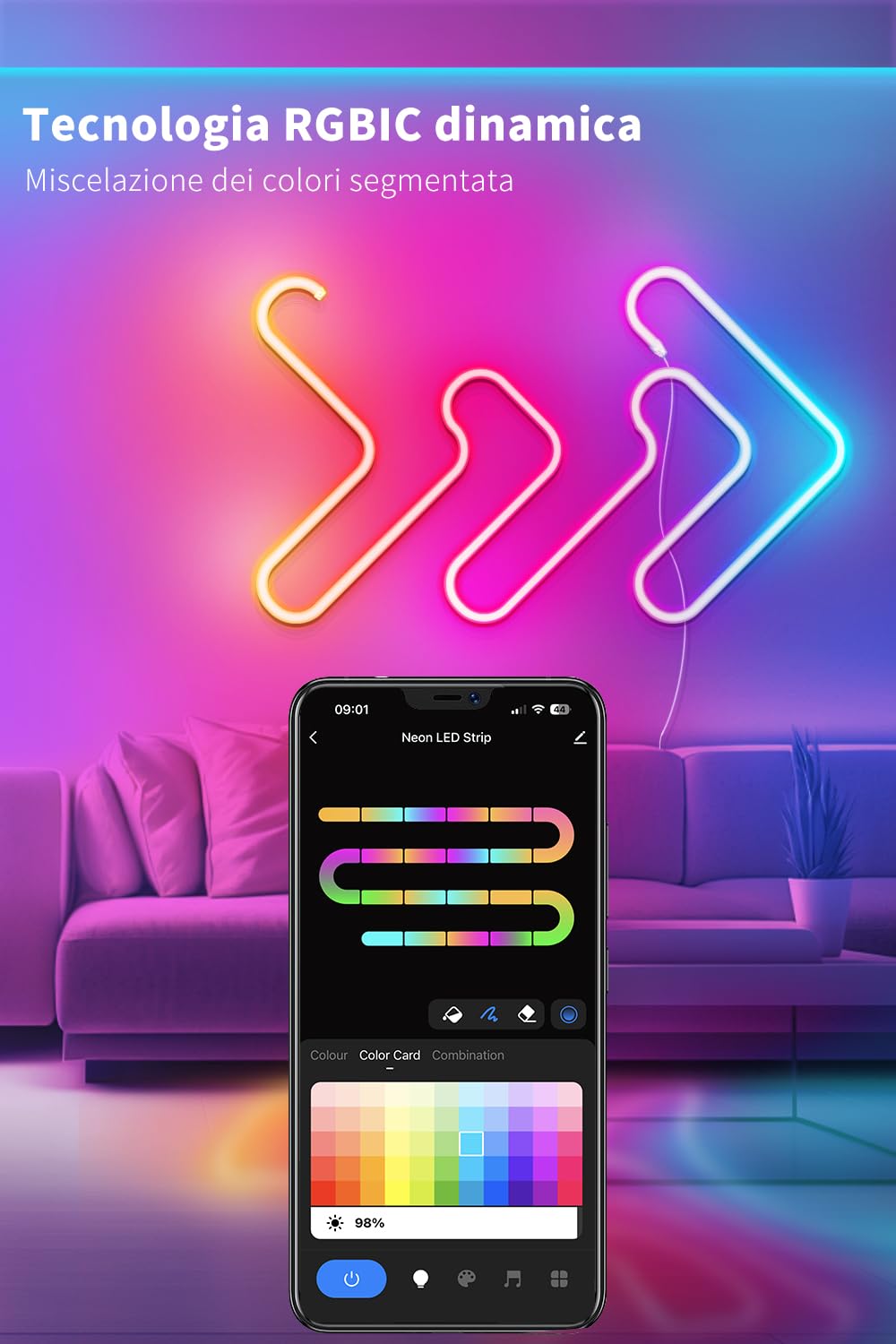 Beaeet Striscia LED Neon 3 metri, LED Striscia Neon RGB+IC con Controllo App, Controllo segmentato del colore della luce LED, Compatibile con Alexa, LED Neon per Camera da Letto, Halloween, Natale