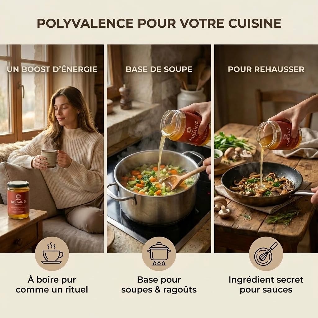 Bone broth soupe (6x 350ml) | bouillon d'os de boeuf | JARMINO | acide hyaluronique, collagène et protéine naturelle | bio