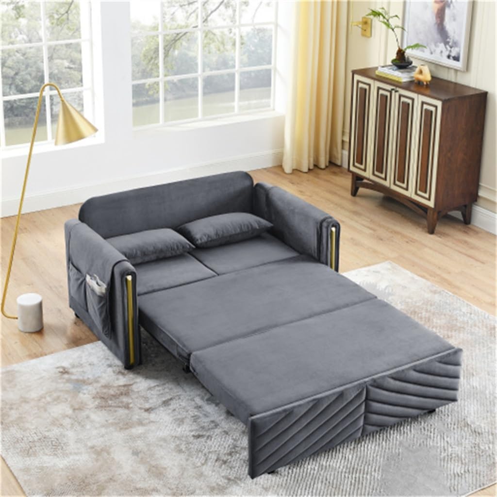 3-in-1 Convertible Sleeper Sofa, 55" Pull Out Couch for Living Room, Multi-Functional Velvet Loveseat Futon Bed