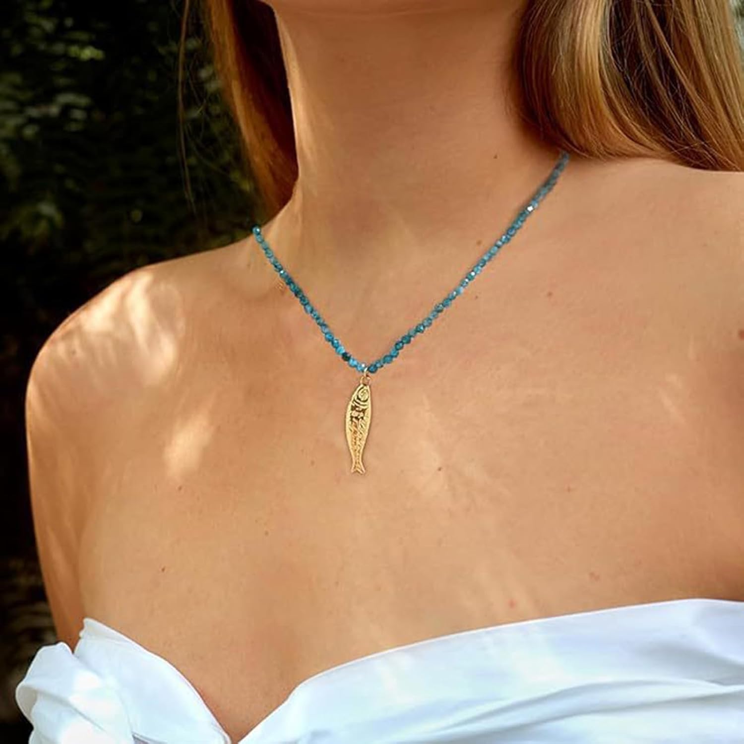 Boho Fish Pendant Necklace for Women Adjustable Crystal Sardine Necklace Natural Stone Bead Charm Necklaces Dainty Beaded Fish Memorial Necklaces Summer Beach Costume Jewelry Accessories - Image 4