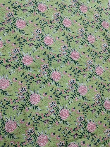 Image of Doraya Pure Cotton Dress Making Fabric Sanganeri Print Jaipuri Hand Block Printed Unstitched Dress Material for Women Blouse /Plazzo,Kurti /Lehenga Piece Womens 43 inch Inches Width (Green 2, 5 Meter)