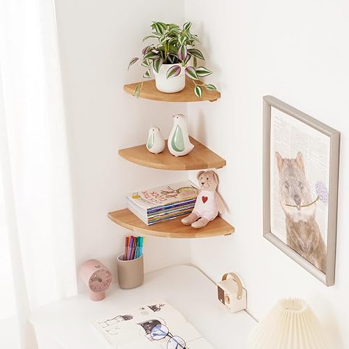 Miniatura 2 de Estante de esquina flotante de madera de roble macizo con agujero de alambre para cable, estante de esquina para plantas pequeñas, soporte de pared